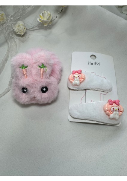 Kız Çocuk Peluş ve Çıtçıtlı Toka Seti