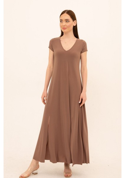 Yırtmaçlı V Yaka Rahat Kesim Uzun Elbise indirimleri