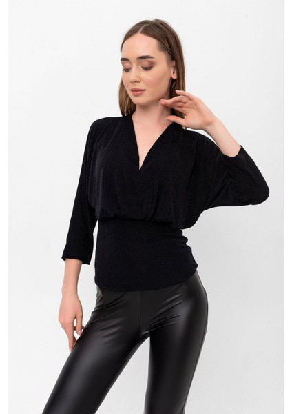 Simli V Yaka Pileli Yarasa Kol Bluz fiyatları