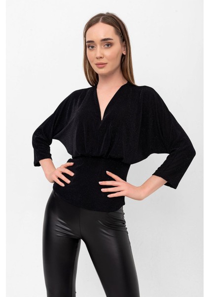 Simli V Yaka Pileli Yarasa Kol Bluz fırsatları