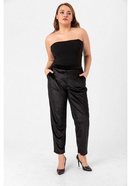 Büyük Beden Cep Detay Beli Lastikli Kadife Havuç Pantolon