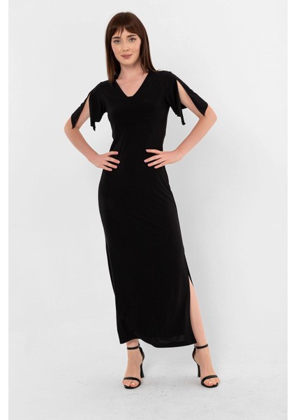 Yırtmaç Kol Detay V Yaka Yırtmaçlı Elbise
