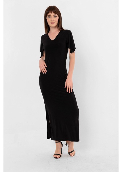 Yırtmaç Kol Detay V Yaka Yırtmaçlı Elbise modelleri