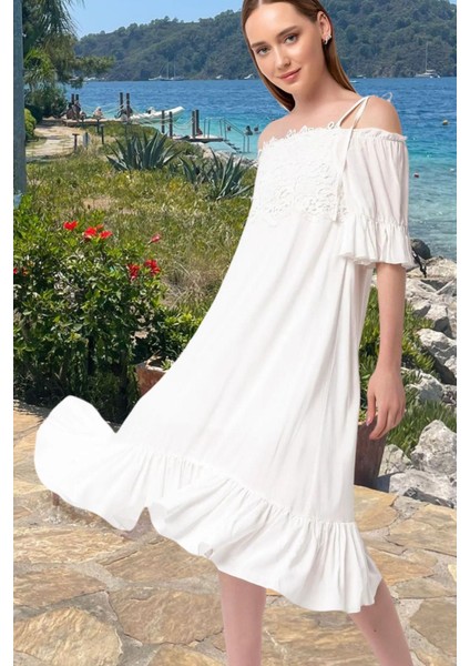 Madonna Yaka Güpür Detaylı Volanlı Vual Elbise