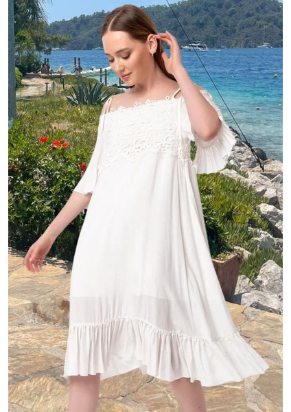 Madonna Yaka Güpür Detaylı Volanlı Vual Elbise fiyatları