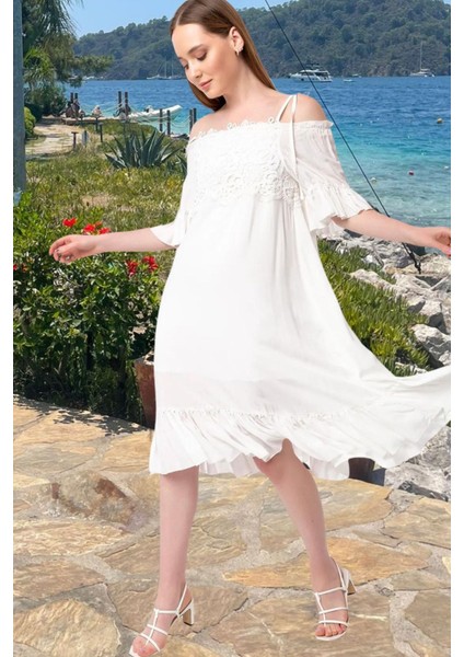 Madonna Yaka Güpür Detaylı Volanlı Vual Elbise modelleri