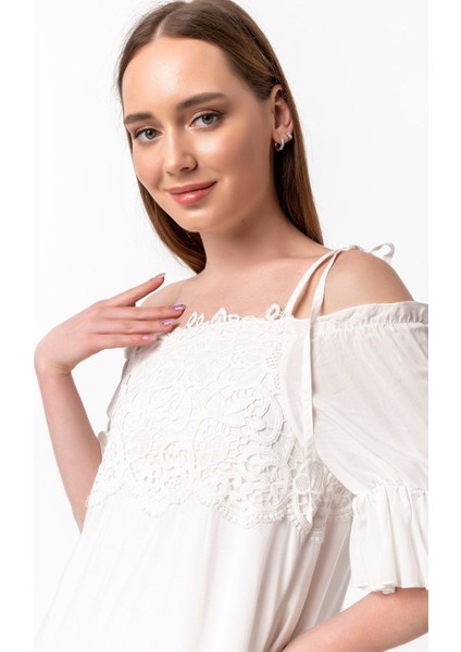 Madonna Yaka Güpür Detaylı Volanlı Vual Elbise fırsatları