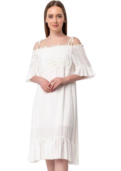 Madonna Yaka Güpür Detaylı Volanlı Vual Elbise indirimleri