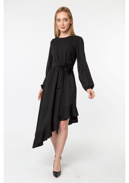 Asimetrik Kesim Etek Ucu Volanlı Balon Kol Elbise fiyatları