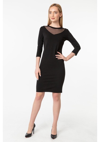 Yaka Tül Detaylı Kalem Elbise