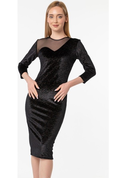 Likralı Baskılı Kadife Dudak Yaka Kalem Elbise