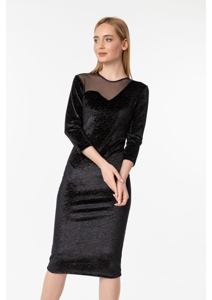 Likralı Baskılı Kadife Dudak Yaka Kalem Elbise fiyatları