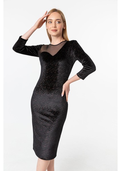 Likralı Baskılı Kadife Dudak Yaka Kalem Elbise modelleri