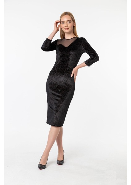 Likralı Baskılı Kadife Dudak Yaka Kalem Elbise fırsatları