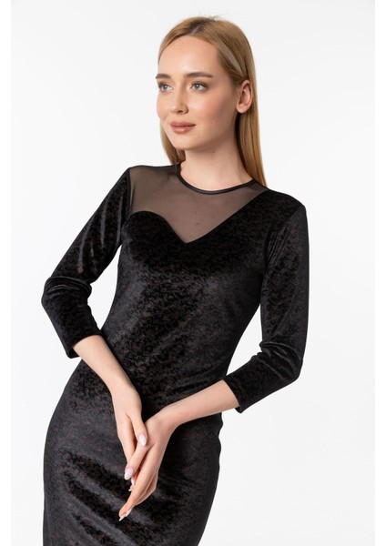 Likralı Baskılı Kadife Dudak Yaka Kalem Elbise indirimleri