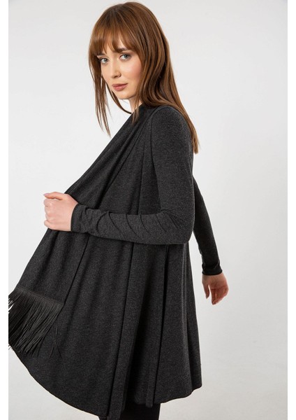 Kendinden Fularlı Püskül Detay Mevsimlik Triko Hırka