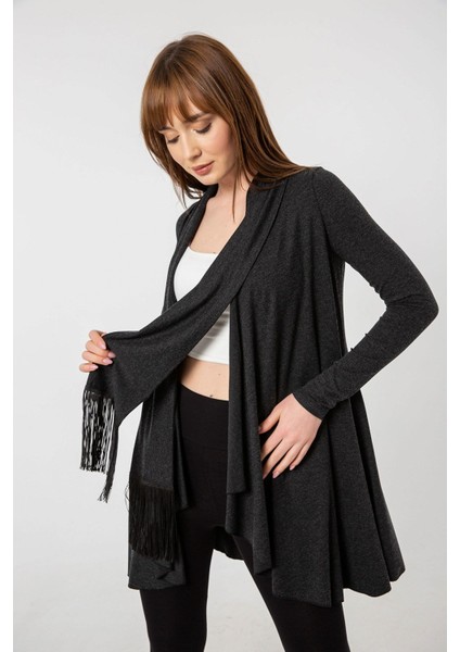 Kendinden Fularlı Püskül Detay Mevsimlik Triko Hırka fiyatları