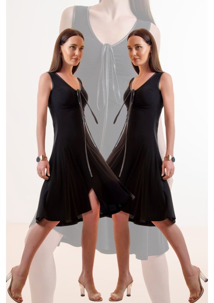 V Yaka Yaka Bağcıklı Kloş Kesim Elbise