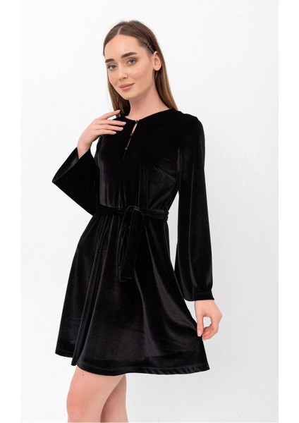 Yarım Ispanyol Kol Düğmeli Damla Yaka Kloş Kadife Elbise indirimleri