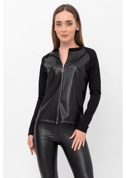 Fermuarlı Suni Kalın Deri Detay Ceket & Hırka
