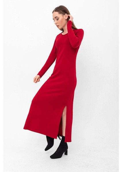 Bisiklet Yaka Yırtmaçlı Uzun Triko Elbise modelleri