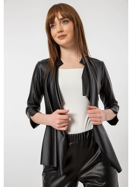 Şal Yaka Agraflı Truvakar Kol Ince Suni Deri Hırka modelleri