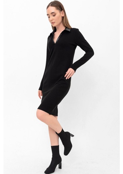 Gömlek Yaka Yakada Deri Detay Triko Elbise