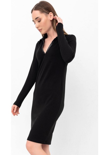 Gömlek Yaka Yakada Deri Detay Triko Elbise modelleri