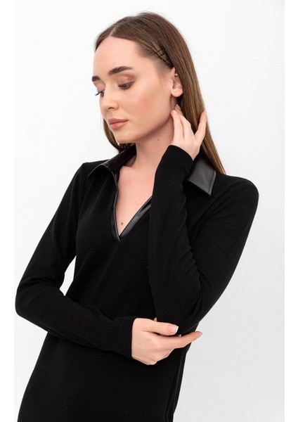 Gömlek Yaka Yakada Deri Detay Triko Elbise indirimleri