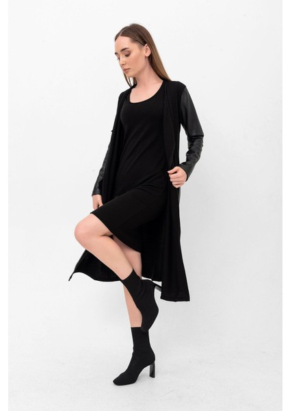 Suni Kalın Deri Kol ve Cep Detaylı Triko Hırka fiyatları