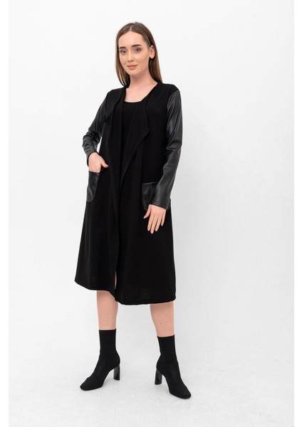 Suni Kalın Deri Kol ve Cep Detaylı Triko Hırka modelleri