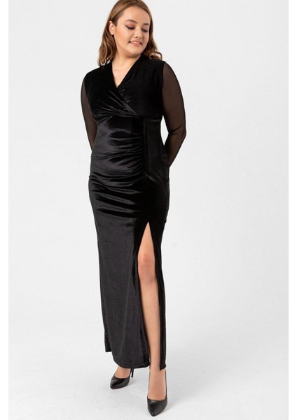 Büyük Beden Tül Kol Detay Yırtmaçlı Abiye Elbise