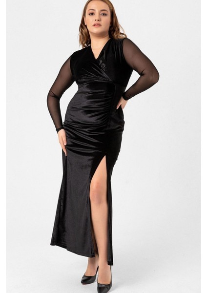 Büyük Beden Tül Kol Detay Yırtmaçlı Abiye Elbise fiyatları