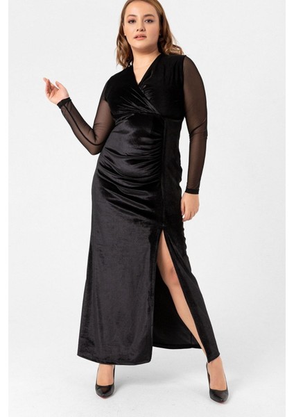 Büyük Beden Tül Kol Detay Yırtmaçlı Abiye Elbise modelleri