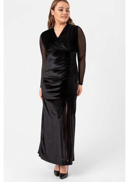 Büyük Beden Tül Kol Detay Yırtmaçlı Abiye Elbise fırsatları