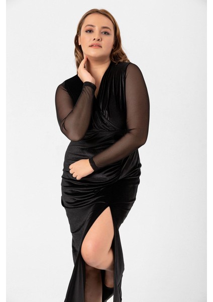 Büyük Beden Tül Kol Detay Yırtmaçlı Abiye Elbise indirimleri