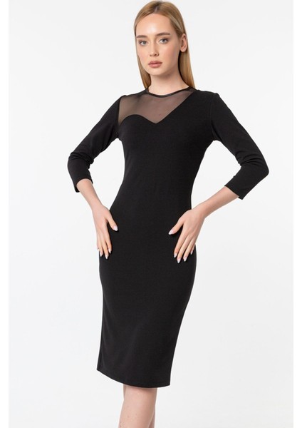 Dudak Yaka Krep Kumaş Kalem Elbise