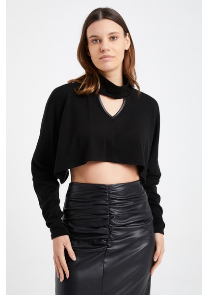 Kadın Yaka Detay Triko Crop Bolero