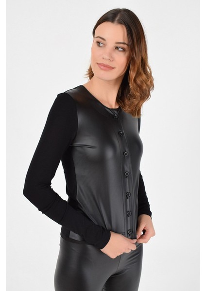 Kadın Deri Detay Blazer Hırka