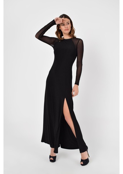 Kadın Yırtmaç ve Tül Detay Elbise