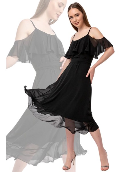 Yaka ve Etek Ucu Volan Detaylı Şifon Elbise