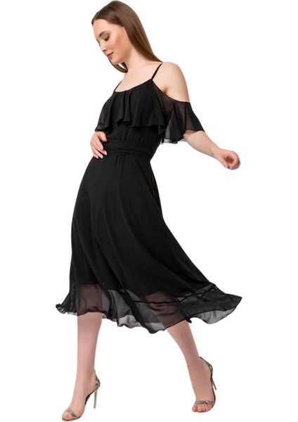 Yaka ve Etek Ucu Volan Detaylı Şifon Elbise modelleri