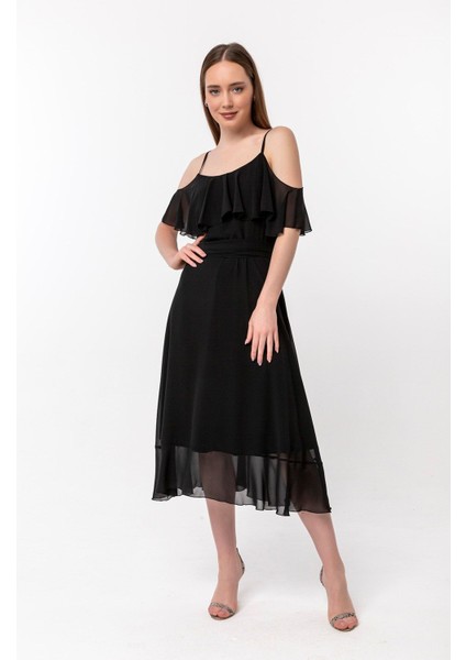 Yaka ve Etek Ucu Volan Detaylı Şifon Elbise indirimleri