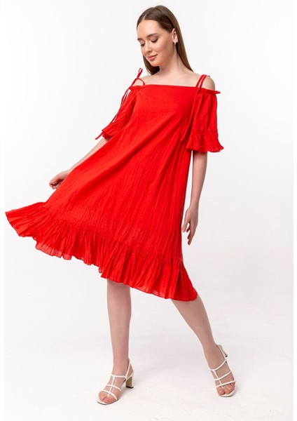 Madonna Yaka Askılı Volanlı Vual Elbise