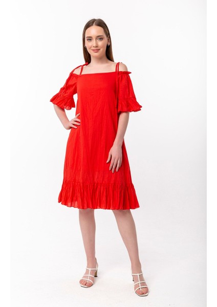 Madonna Yaka Askılı Volanlı Vual Elbise modelleri