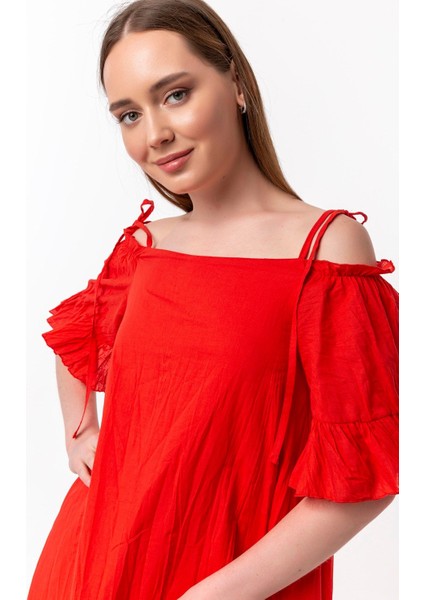 Madonna Yaka Askılı Volanlı Vual Elbise fırsatları