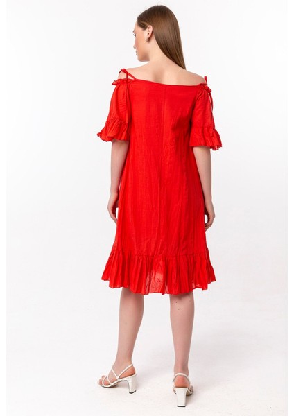 Madonna Yaka Askılı Volanlı Vual Elbise indirimleri