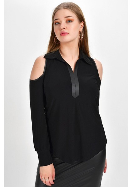 Kadın Omuz Detay Gömlek Yaka Bluz