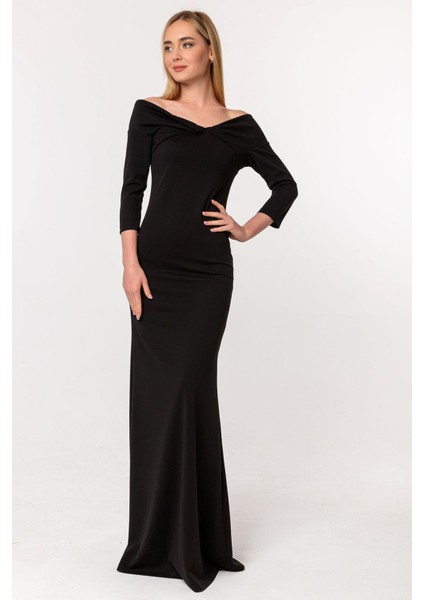 Madonna Burgu Yaka Scuba Krep Abiye Balık Elbise