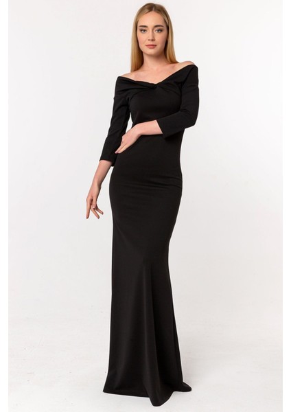 Madonna Burgu Yaka Scuba Krep Abiye Balık Elbise modelleri